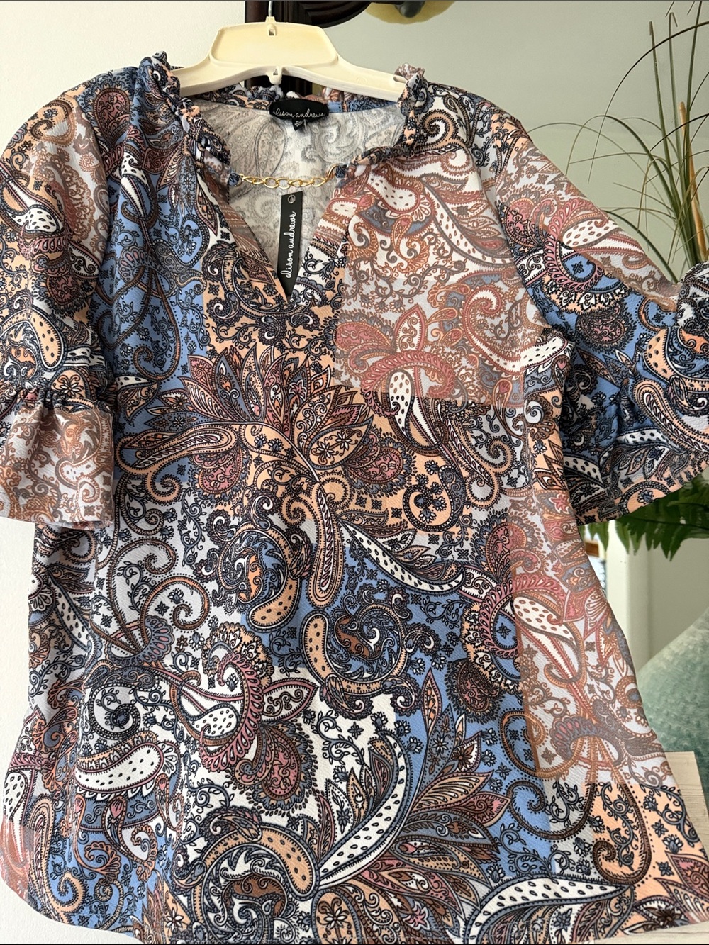 Allison Andrews Paisley V-Neck Ruffle Sleeve Top in Blue and Tan #202